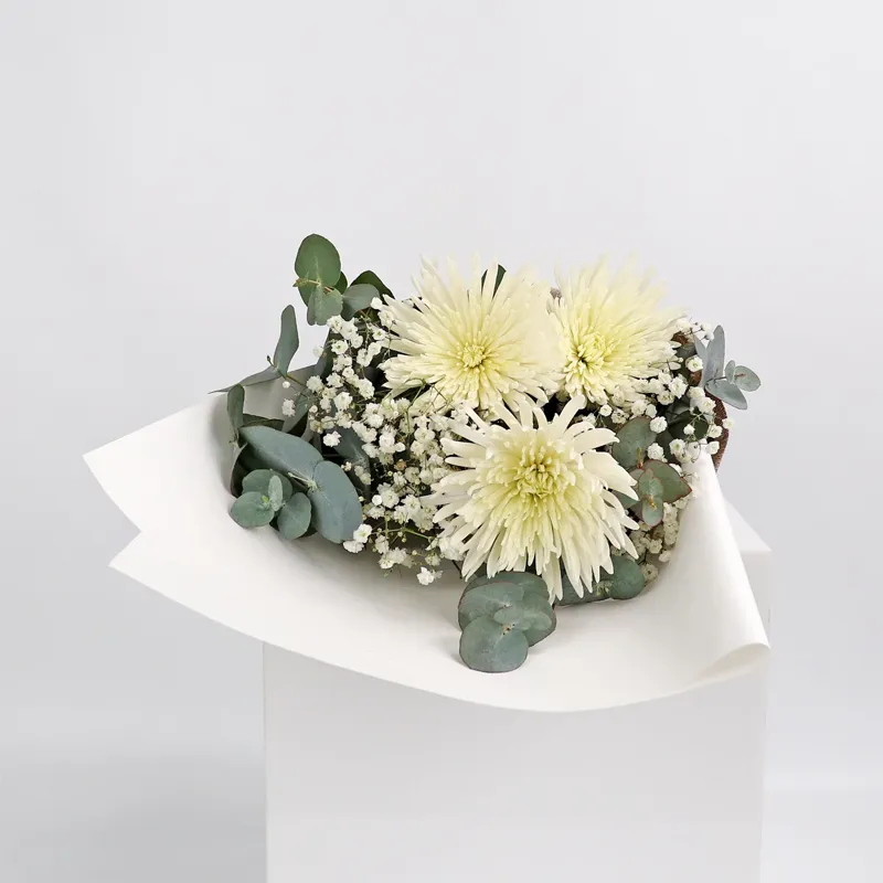 Букет из 3 хризантем и гипсофилы